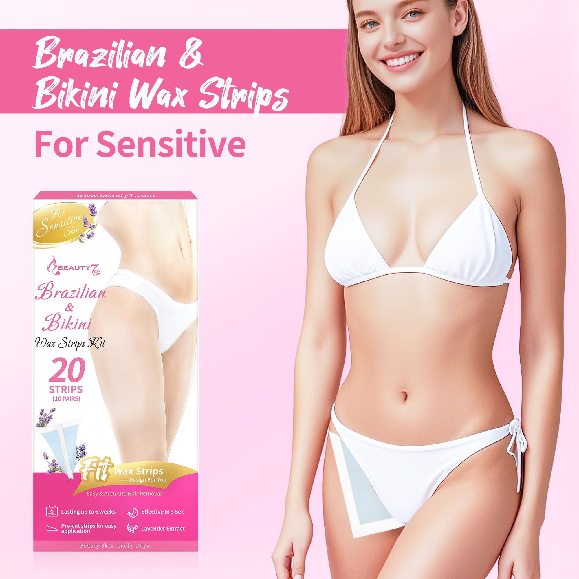 Beauty7 Bikini Wax Strips, Ready to Use Body Wax Strips, at Home Waxing, 20 Strip for Bikini, 4 Calming Oil Wipes for Sensitive Skin Types for Women