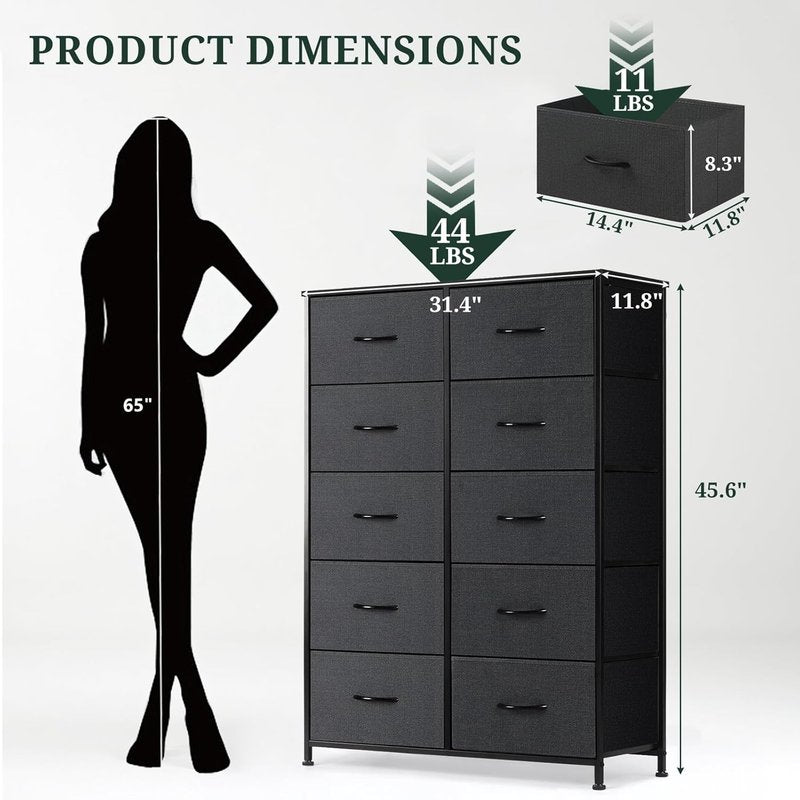 10-Drawer Dresser - Anti-Tip Tall Storage Organizer with Wooden Top & Metal Frame | Black Fabric Bins