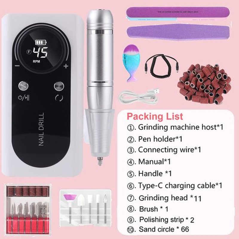 Electric Nail Drill Machine 45000RPM Rechargeable Portable DIY Nail File Electric Nail Drill Kit with Smart LCD Screen for Gel Nail Manicure and Pedicure Reflective Body etc(WHITE)