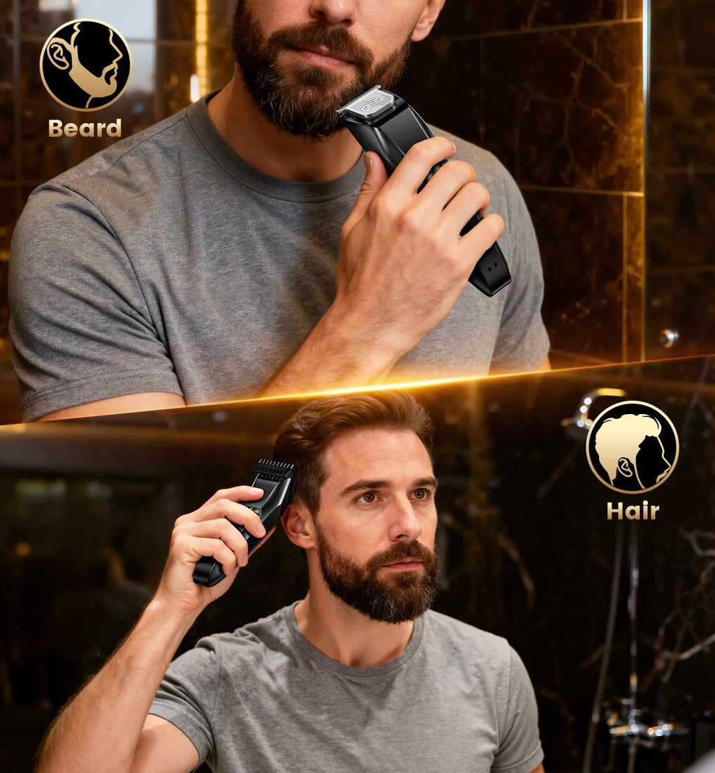NAUQUOHZ Men's Beard Trimmer-All-in-One Mustache Trimmer with 20 Length Adjustable, Stainless Steel T-Blade for Precision Facial Hair Trimming Cordless IPX7 Waterproof Wet/Dry Clipper,LED Display