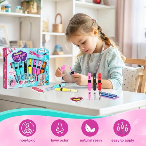8-Count Nail Art Pen Set for Kids, Non-Toxic Nail Polish & Glitter with Doodle Tip, Nail Art Kit for Girls 7-12, Birthday for 8-12, Toys for 10 Year Olds, Includes Stickers, Gems