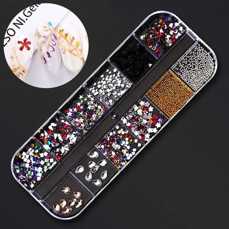 SILPECWEE 4 Boxes 3d Nail Charms Nail Rhinestones Rainbow Nail Pearls Gold Rose Golden Nail Jewels Caviar Beads Glass Crystals Nail Decoration with 1pc Tweezers, Picker Pencil