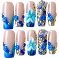 Handmade 3D Floral Press On Nails, Medium Long Square Shape, Blue Gradient with Rhinestones, Gold Beads, Reusable Acrylic False Nails (Blue enchantress, S)