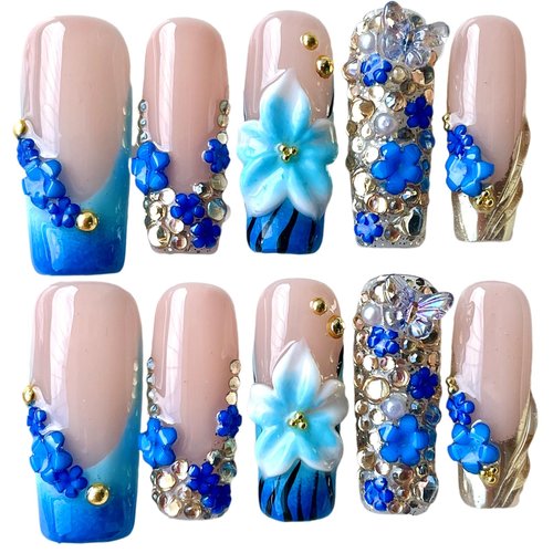 Handmade 3D Floral Press On Nails, Medium Long Square Shape, Blue Gradient with Rhinestones, Gold Beads, Reusable Acrylic False Nails (Blue enchantress, S)