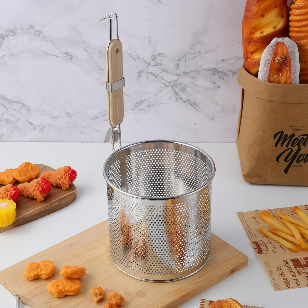 Angoily Mesh Pasta Strainer 1 Gal Stainless Steel 6.5" Deep Noodles Basket Hot Pot Colander with Wooden Handle 3.7L Boiling Spider Strainer for Cooking Dumpling Vegetable Food