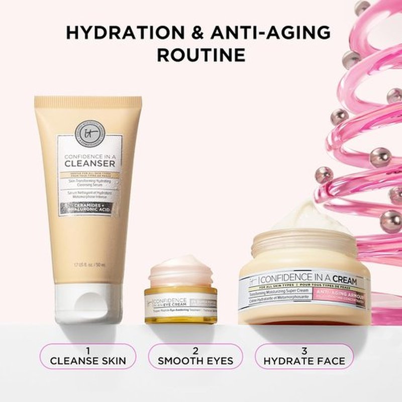 IT Cosmetics Unwrap Healthy Hydration Anti-Aging Skincare Set | 3-Pc Holiday Gift Set for Her - Includes Confidence in a Cream Moisturizer, Gentle Cleanser & Smoothing Eye Cream