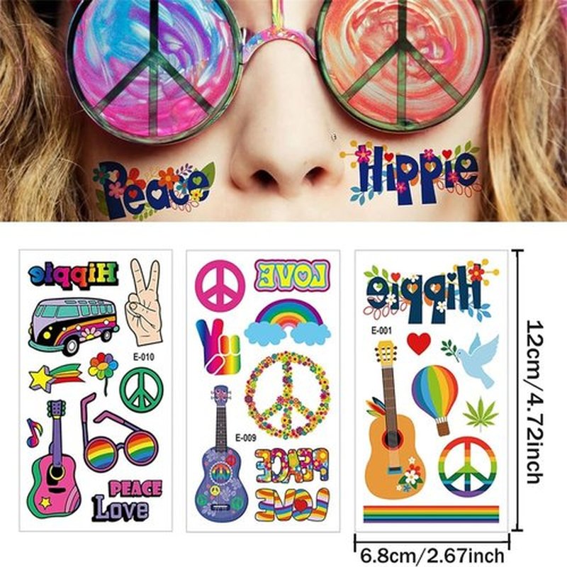 100PCS Groovy 70s Temporary Tattoos-10 Sheets Hippie Tattoo Stickers for Fan Birthday Party Decorations Hand Tattoo Party Favor Party Supplies Gifts for Kids Boy Girl Adult Pretty Christmas Gift