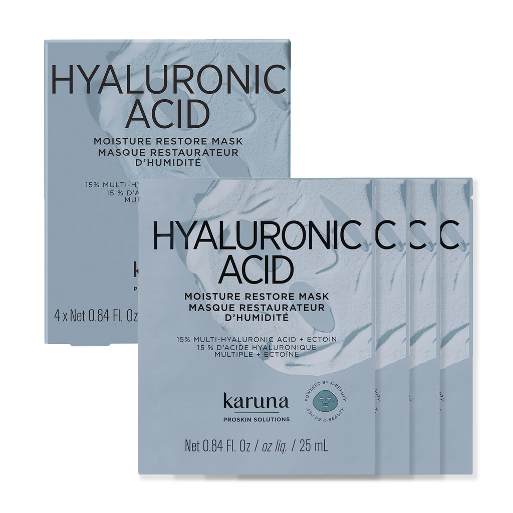 Karuna Hyaluronic Acid Pro Face Mask 4-Pack - K-Beauty Hydrating Sheet Masks with 15% Multi-Hyaluronic Acid, Ectoin, 5% Niacinamide & Panthenol - Biodegradable Japanese Cotton Treatment