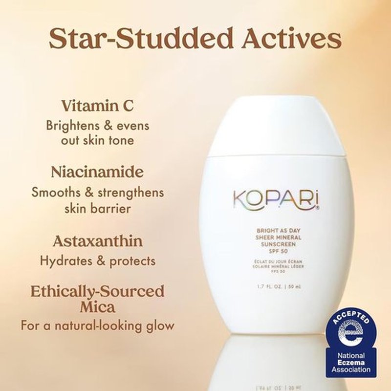 Kopari Bright As Day Sheer Mineral Sunscreen SPF 50 - 100% Mineral Formula with Vitamin C & Niacinamide | 1.7 oz for All Skin Tones