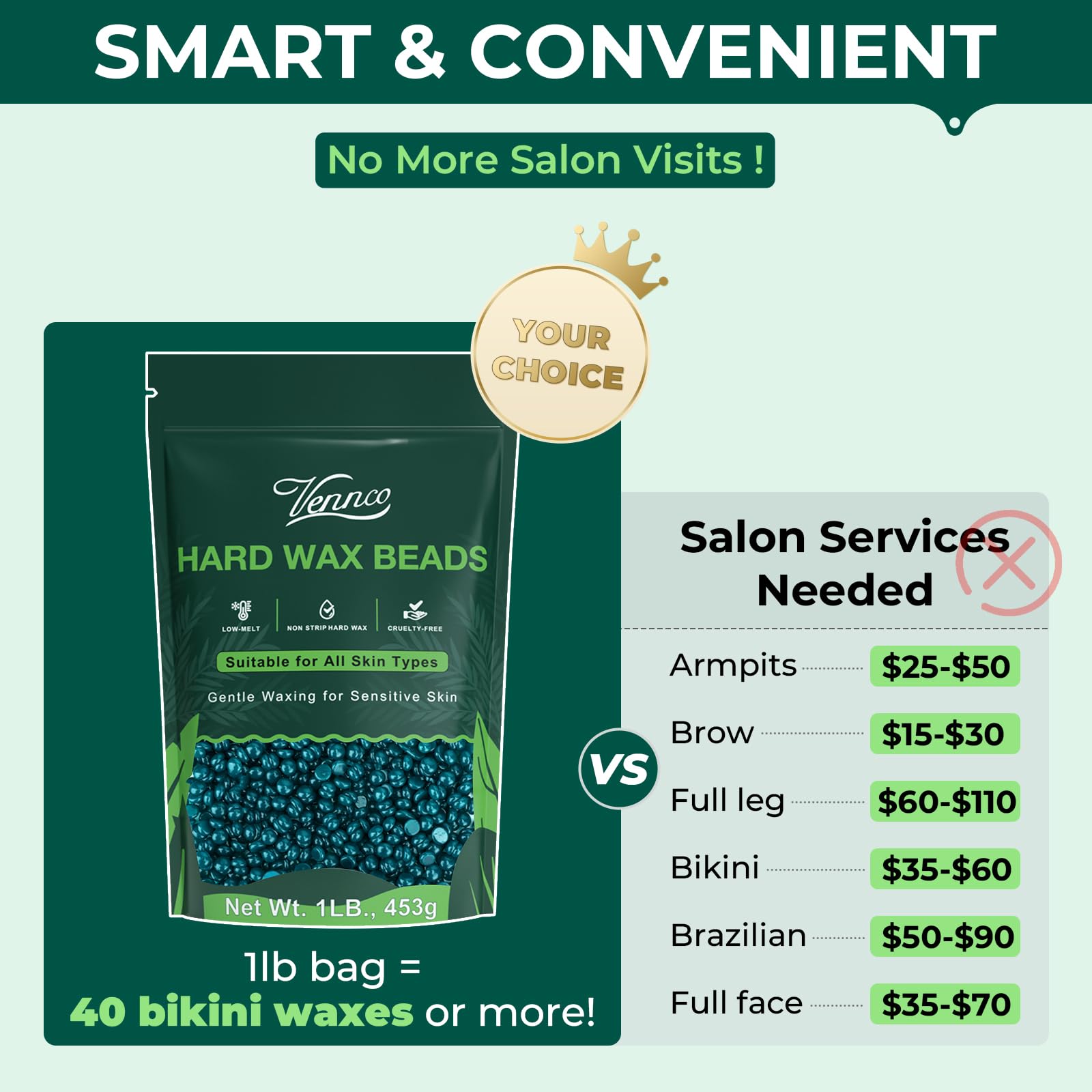 VENNCO Hard Wax Beads for Hair Removal – Stripless Hard Wax for Coarse Hair, Bikini & Brazilian Waxing, Beginner-Friendly Body Wax Beads for Home & Professional Use, 1 LB Refill Waxing Beads