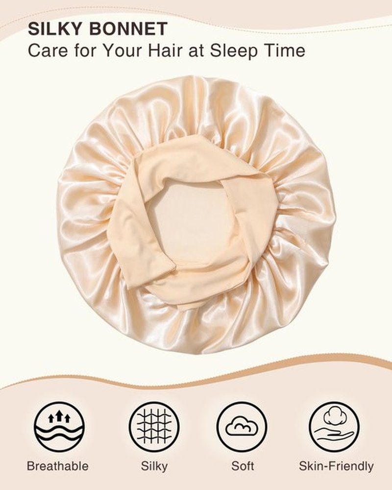 2PCS Satin Bonnets Silk Bonnet for Sleeping Women Curly Hair Bonnet with Tie Band Bonnets Sleep Cap (US, Numeric, 7, 7 3/8, Elastic Tie Band -Brown +Champagne)