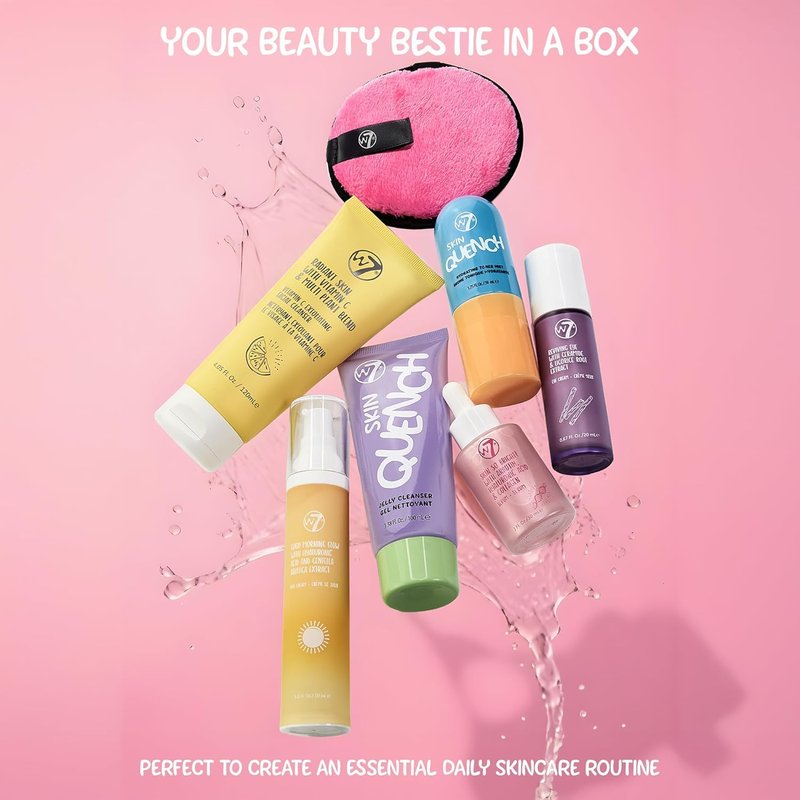 W7 Beauty Blast Skincare Secrets Set - Complete Full Size Skincare Routine with Day Cream, Serum, Cleansers, Toner Mist, Eye Cream and Makeup Remover Pad