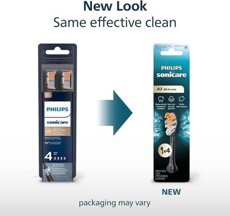 Philips Sonicare A3 All-in-One Electric Toothbrush Heads - Genuine Replacement, Black, 4 Pack