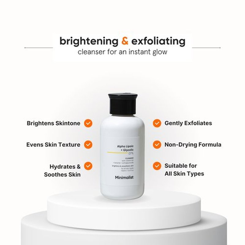 Minimalist ALA & AHA 7% Cleanser for Brightening, Exfoliating, Glow & Even Tone | With Vitamin B5 For Hydration & Glycolic Acid For Exfoliation | 3.4 Fl Oz / 100 ml