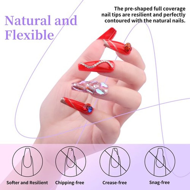 Clara Colors 550pcs Long Coffin Full Tip Coverage Clear Acrylic Artificial False Soft Gel Nail Tips Full Kit with Primer, Base Adhesive, Top Coat, UV Lamp, and Buffer