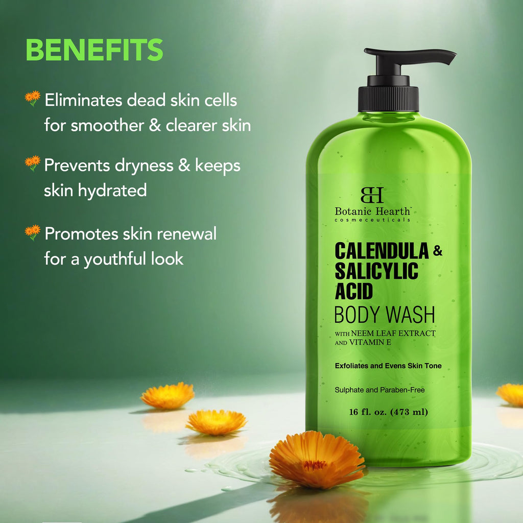 Botanic Hearth Calendula & Salicylic Acid Body Wash – Exfoliating Shower Gel with Neem Leaf Extract & Vitamin E, Clarifying Cleanser, Sulfate & Paraben Free – 16 fl oz