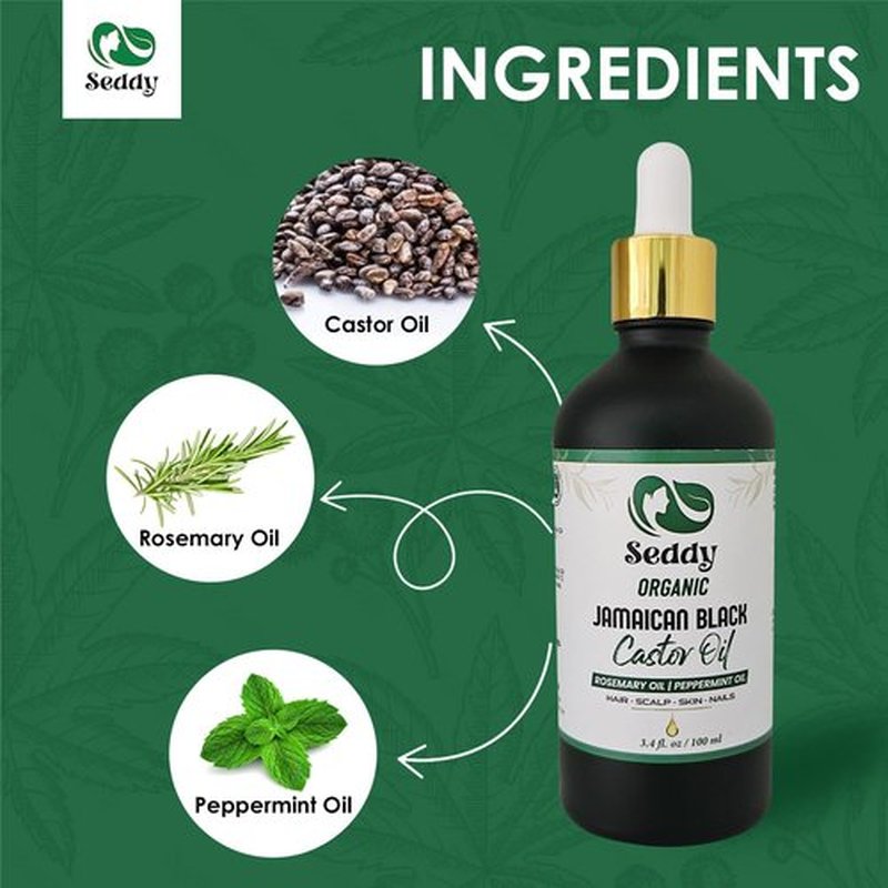 Seddy Organic Jamaican Black Castor Oil - Cold-Pressed Hair Growth Treatment with Rosemary & Peppermint - 3.4 fl oz