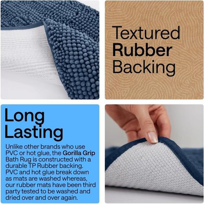 GORILLA GRIP Bath Rug Mat - Soft Absorbent Chenille | Quick-Dry Microfiber, 42x24, Navy Blue