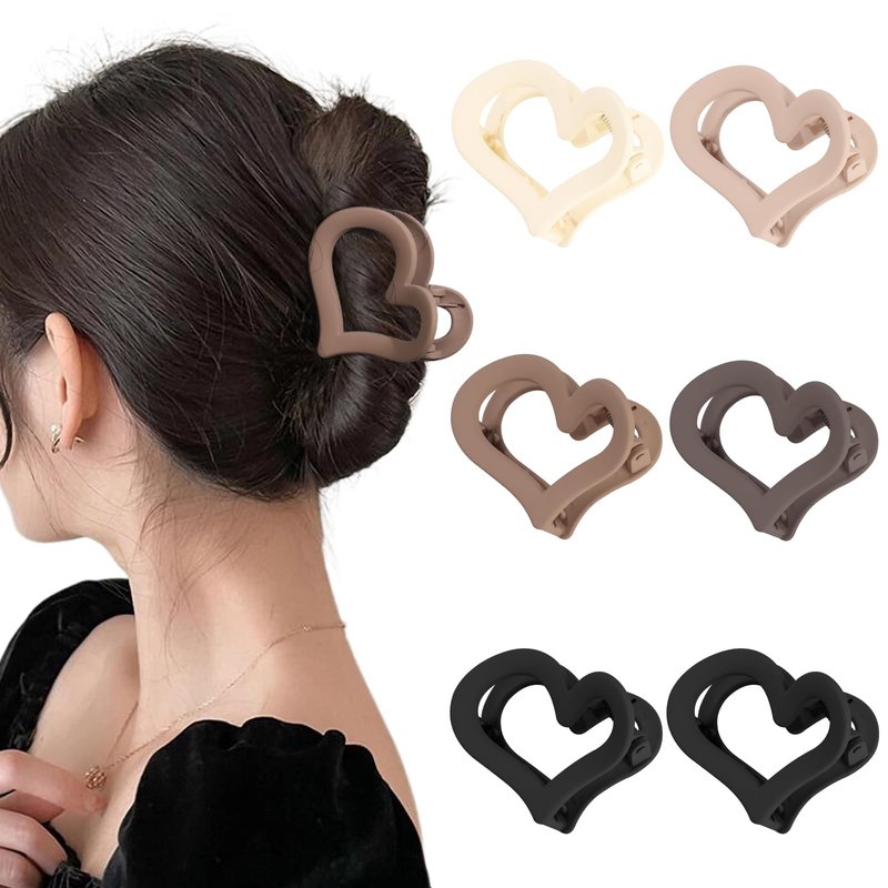 Ufgin 6 Pcs Valentine's Day Heart Hair Claw Clips for Women-Medium Matte Nonslip Hair Heart Clips for Thin Thick Hair Cute Claw Hairpins for Women and Girls(Brown)