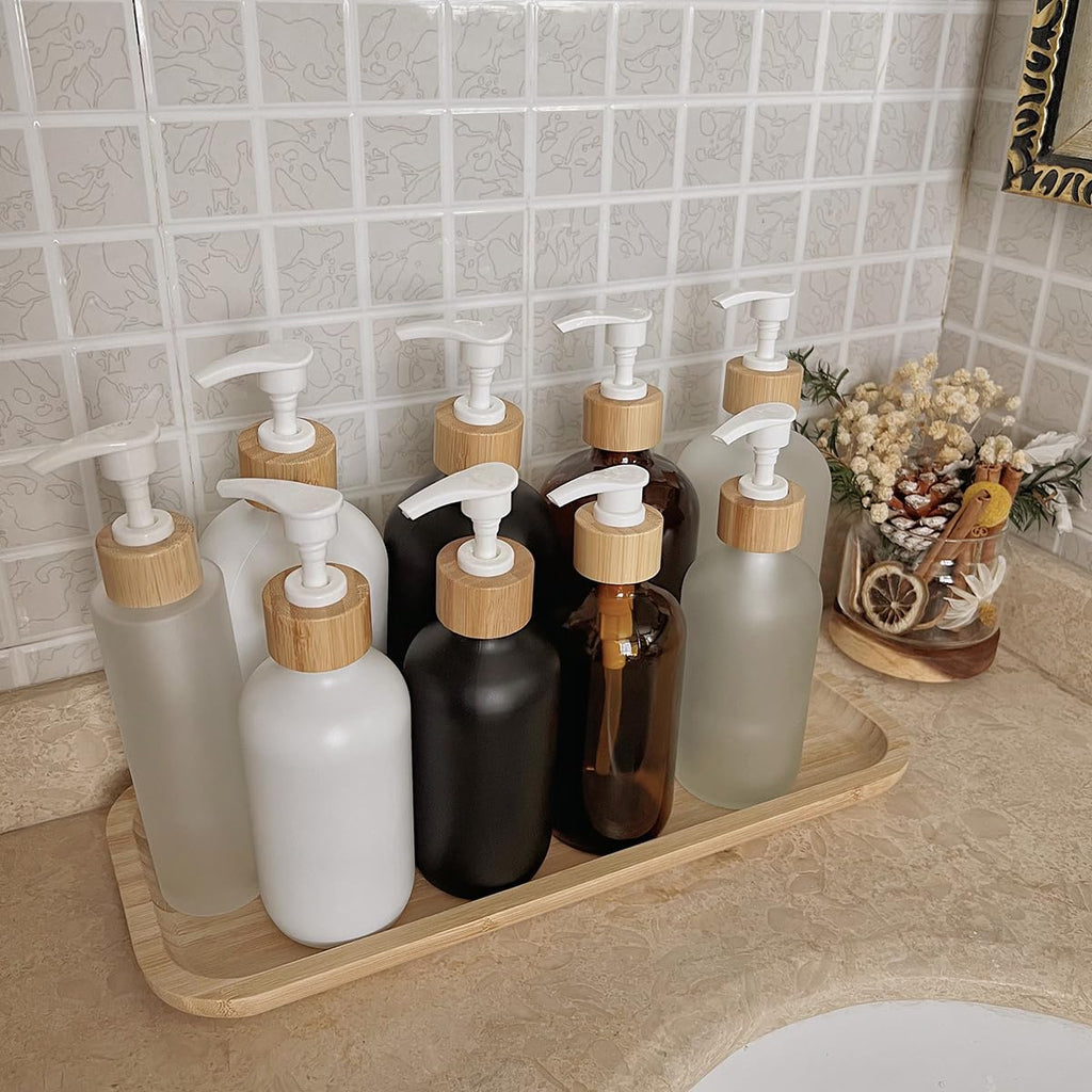 2PCS 500ML/16.6 oz Empty Refillable Brown Glass Pump Bottles Container Holder Vials Pot Storage with Bamboo Screw Pump Head for Bath Shower Shampoo Hair-Conditioner Cleanser Makeup Liquid