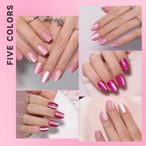 CUZIAM 150pcs Pink Cat Eye Press on Nails Short Square set, 5 Color Neon Hot Pink Galaxy Magnetic Gel Nails with Heart Nail Stickers for Valentine's Day, Pre-Builded Fake Nails Manicure Kit for Women