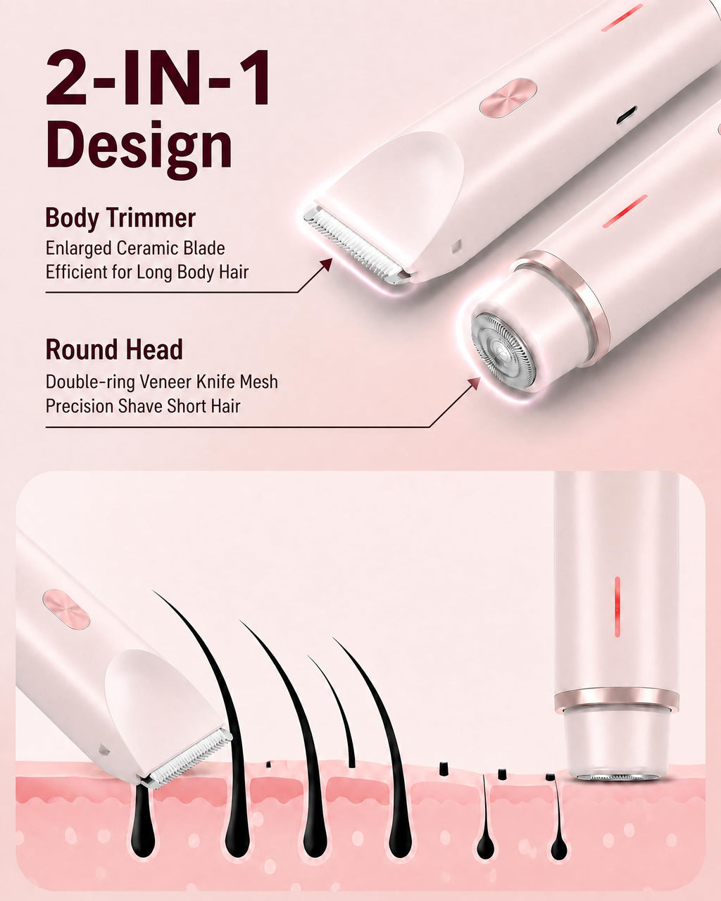 AiooTisu 2-in1- Bikini Trimmer for Women, Waterproof Painless Electric Razor with Dual Heads, IPX7 Shower & Travel Bikini Shaver, USB-C Rechargeable, for Bikini Line, Legs, Face & Underarms