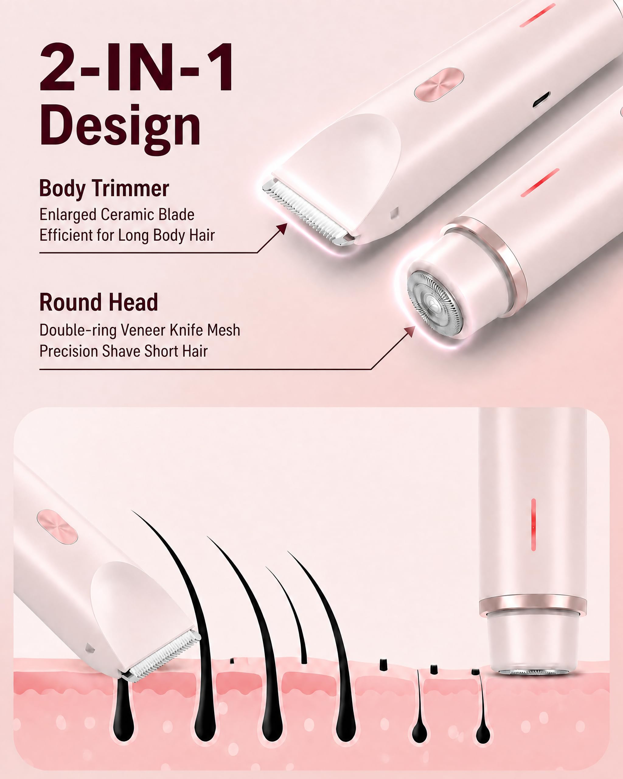 AiooTisu 2-in1- Bikini Trimmer for Women, Waterproof Painless Electric Razor with Dual Heads, IPX7 Shower & Travel Bikini Shaver, USB-C Rechargeable, for Bikini Line, Legs, Face & Underarms