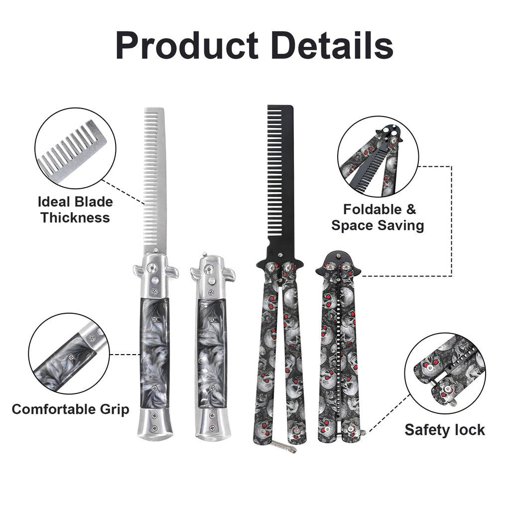 2 Pack Automatic Switch Folding Practice Combs, Stainless Steel Butterfly Comb, Switchblades Comb, Outdoor Training Pocket Combs, Hair Brush for Beard, Mustache, Hair Styling Tools(Skull)