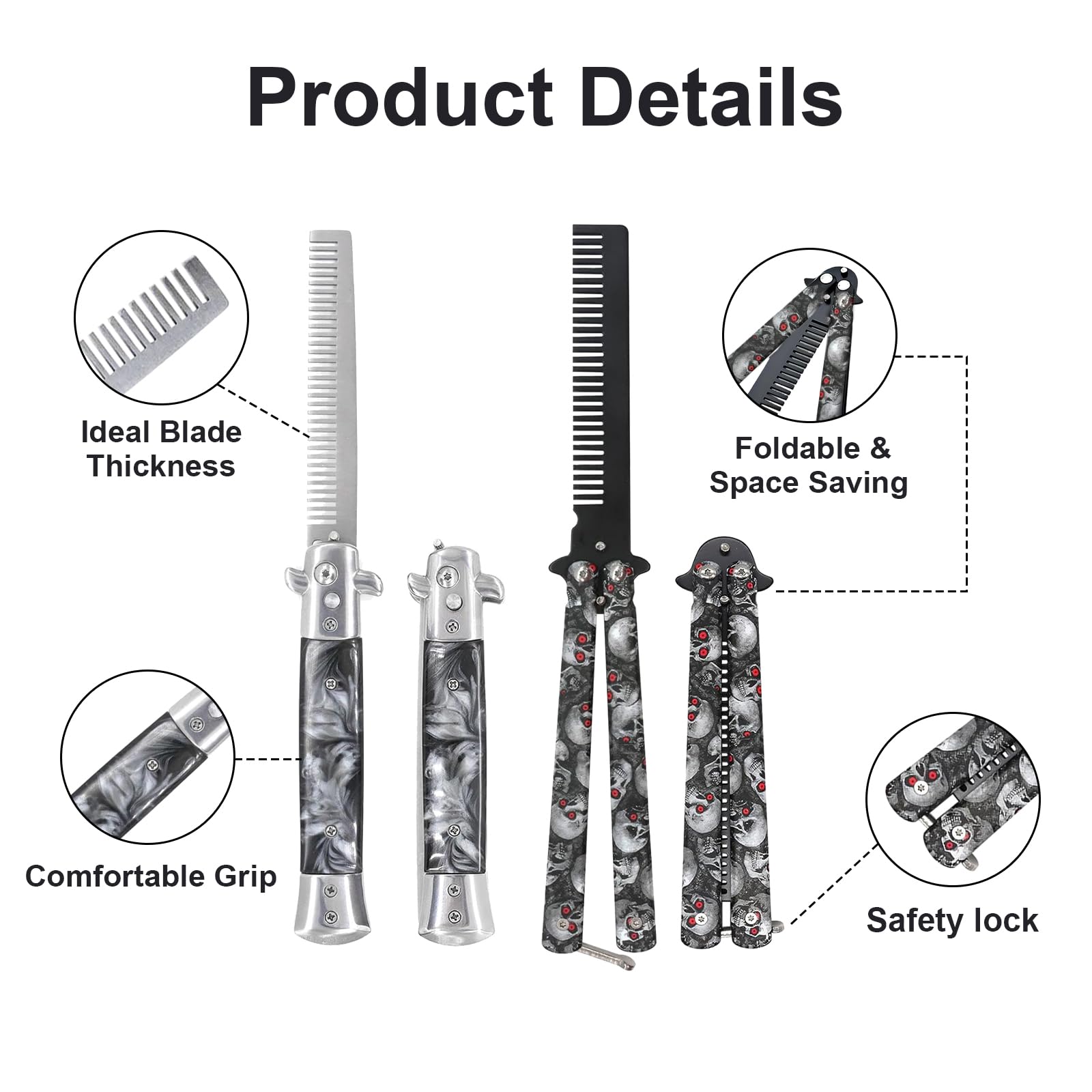 2 Pack Automatic Switch Folding Practice Combs, Stainless Steel Butterfly Comb, Switchblades Comb, Outdoor Training Pocket Combs, Hair Brush for Beard, Mustache, Hair Styling Tools(Skull)