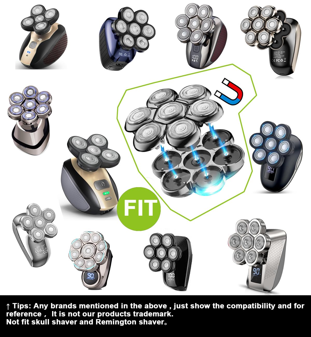Universal Magnetic 7 Blades Head shaver replacement heads Compatible with Freedom Gold series Head Shaver, and Many Brands, Shaver Replacement Heads for Head Shaver Universal replacement heads