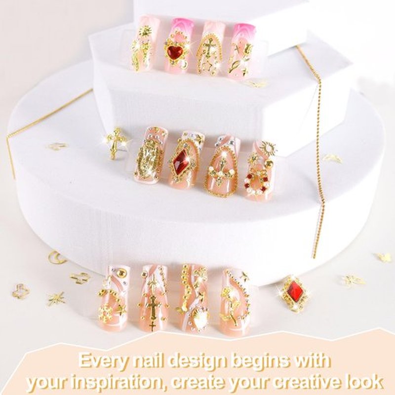 SIUSIO Gold Nail Charms and Gems Kit, 5 Boxes Metallic Nail Art Gems Flatback Crystal Champagne Rhinestones Gold Caviar Beads 3D Cross Stars Rose Hearts Virgin Mary Bow Gemstones for Nails Manicure