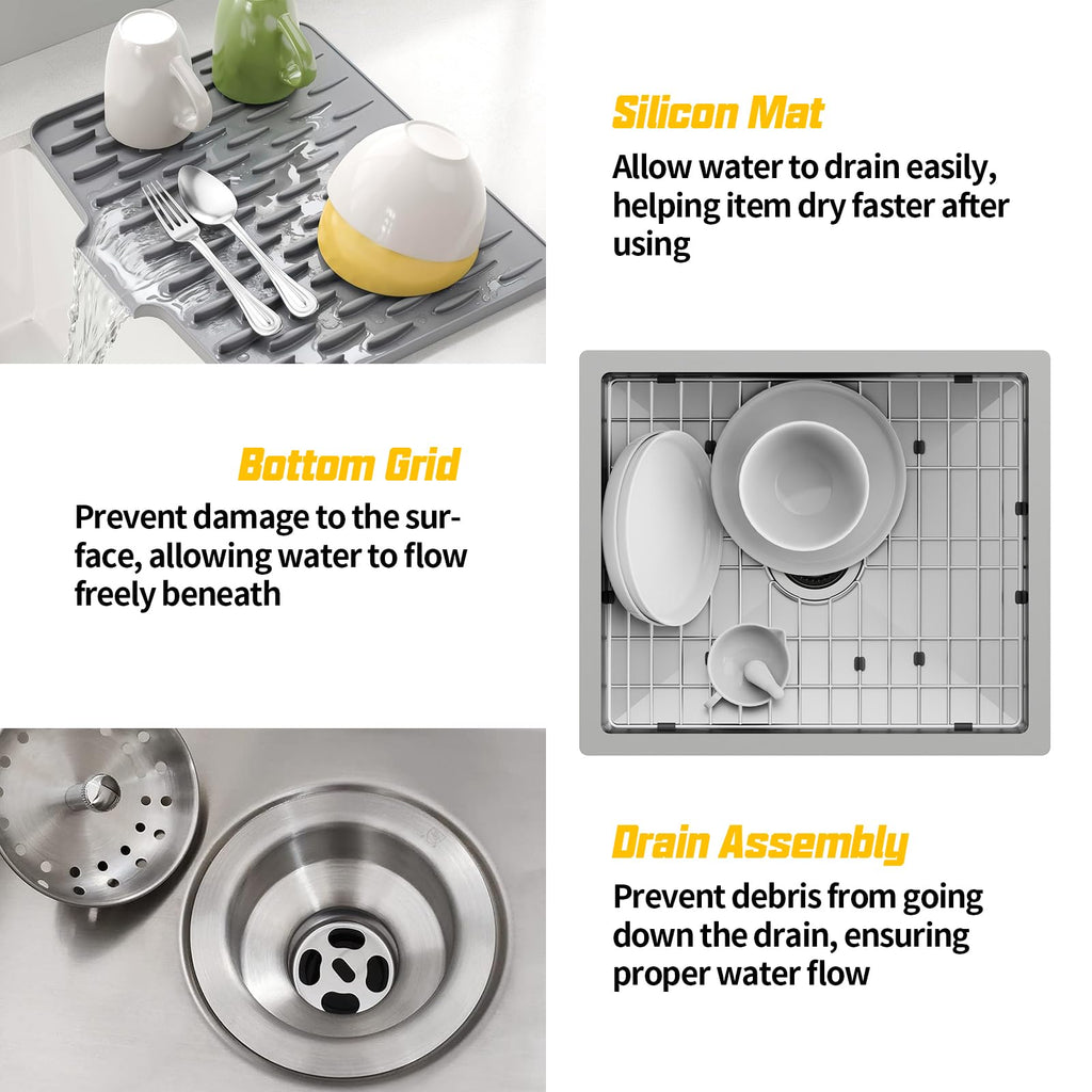 21x18In Stainless Steel Kitchen And Bar Sink - Small Undermount Single Bowl Drop In Staylish Kitchen&Bar Sink Ideal Choice For Small Space, Prep Area, RV With Bottom Grid,Soap Mat And Drain Assembly