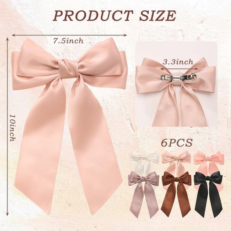 6PCS Silky Satin Bows, Cute Clips for Women, Large Bow Clips for Thick Thin Hair, Ribbon Bows, Brown Accessories