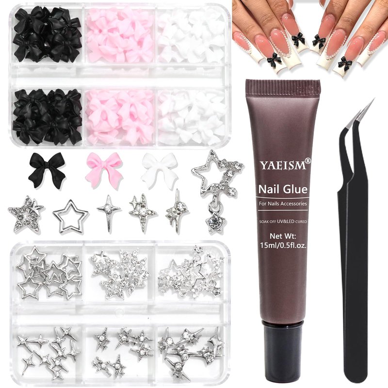 YAEISM Bow Nail Charms Kit, 3 Colors Resin Bows, 6 Types Star Charms, Shiny Rhinestones with Glue Gel, Tweezer and Pickup Pencil for Nail Art and DIY Crafts Decoration