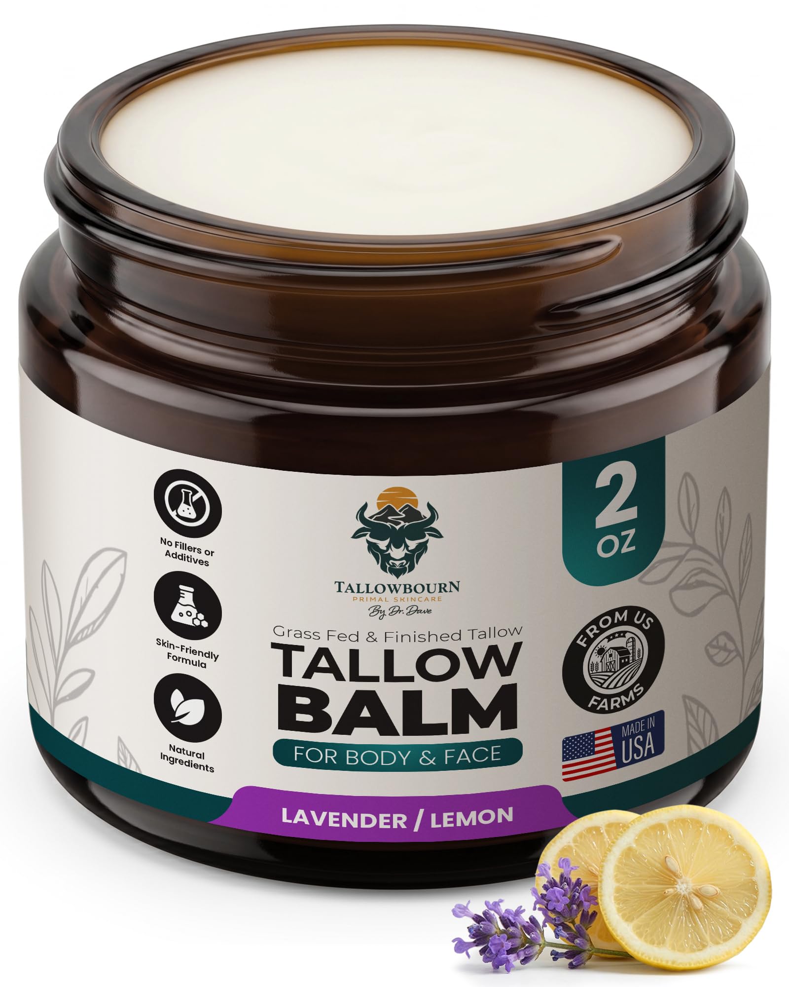 Tallowbourn Grass-Fed Beef Tallow Balm for Face & Body – Nourishing Moisturizer with Shea Butter, Jojoba Oil, Honey & Beeswax – Revitalizing Hydration for Dry Skin – Lavender and Lemon – 2 oz