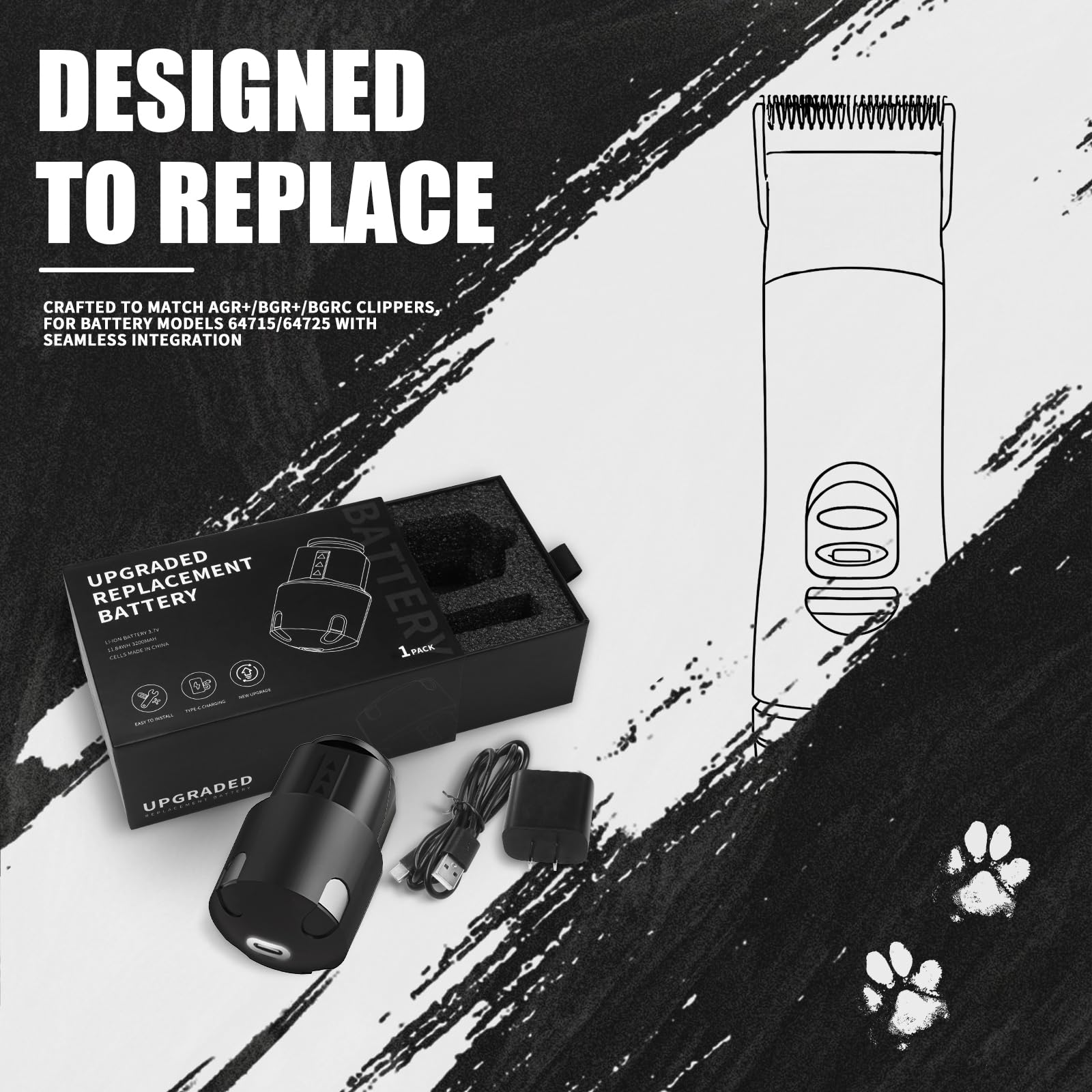 BLOTMS Upgraded Replacement Battery Compatible with Andis PowerGroom AGR,BGR,BGRC Clippers-3200mAh Long-Lasting Li-ion Power, Type-C Charging w/Fast Charge Kit (Adapter & Cable) （2 Pack）