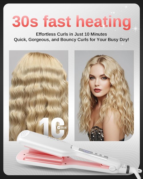 NOVUS Hair Crimper | 4-Barrel Wave Curling Iron with Adjustable Heat for Beachy Waves - 0.6 Inch