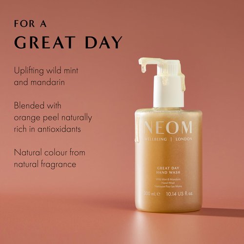 Neom Great Day Exfoliating Hand Wash, 300ml IWild mint and mandarin I Blended with orange peel to exfoliate I 100% Recyclable Bottle I Refillable