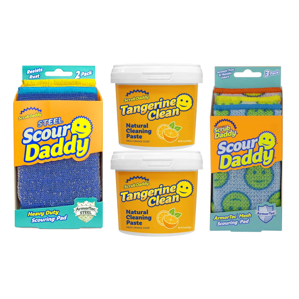 Scrub Daddy Deep Clean Kit - Scour Daddy Scour Pads (3ct), Steel Scrubbing Sponges (2ct) & Tangerine Multi Surface Cleaner (2ct) - Kitchen + Household Cleaning Supplies Pack (7 Pieces Total)