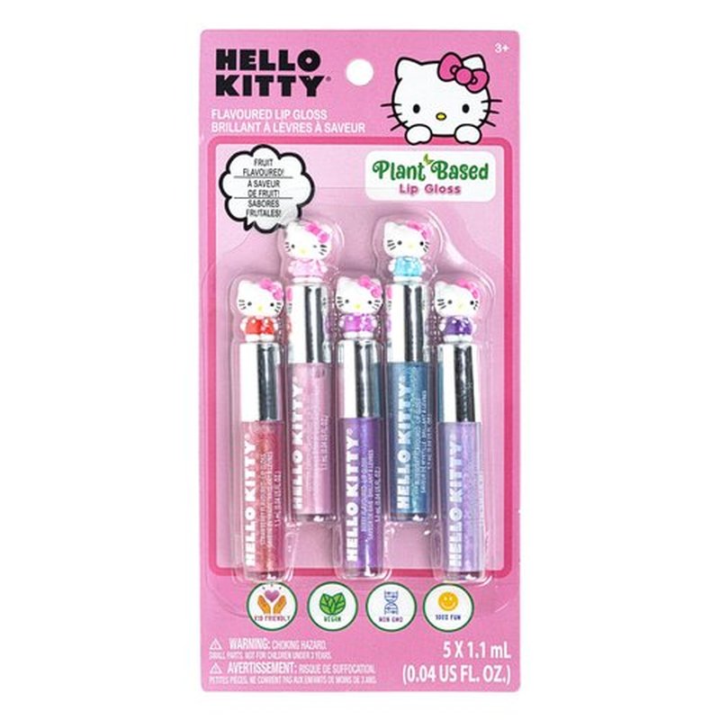 Hello Kitty 5 Pc Plant Based, Moisturizing Lip Gloss Makeup Set for Girls Kids Toddlers, Perfect for Parties Sleepovers Makeovers Birthday Gift for Girls 3 Yrs+ by Townley Girl