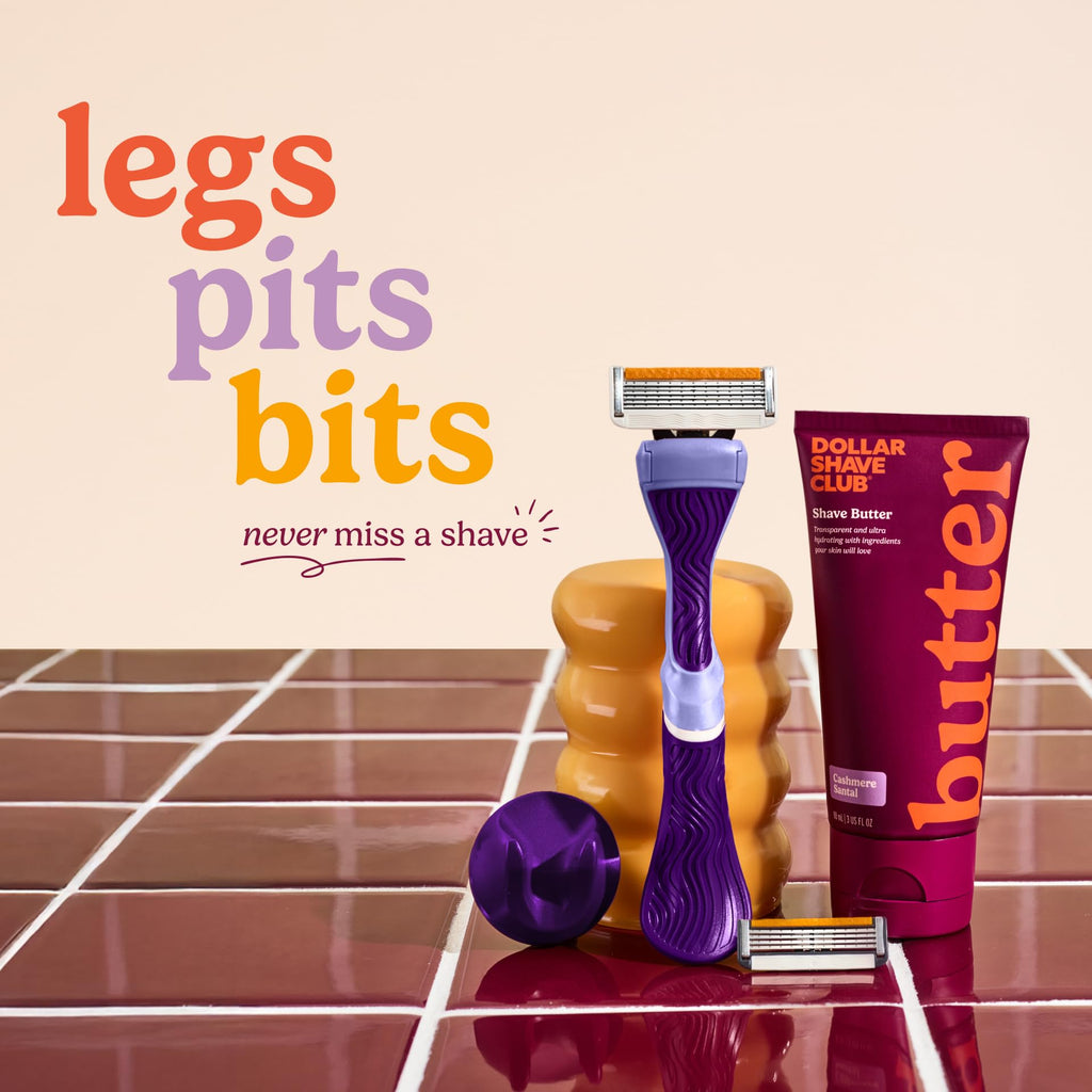Dollar Shave Club For Women | 1 Purple Wavy Grip Handle, 4 Razor Refills, 1 Cashmere Santal Shave Butter, 1 Shower Hanger | Razors for Women, Womens Razors