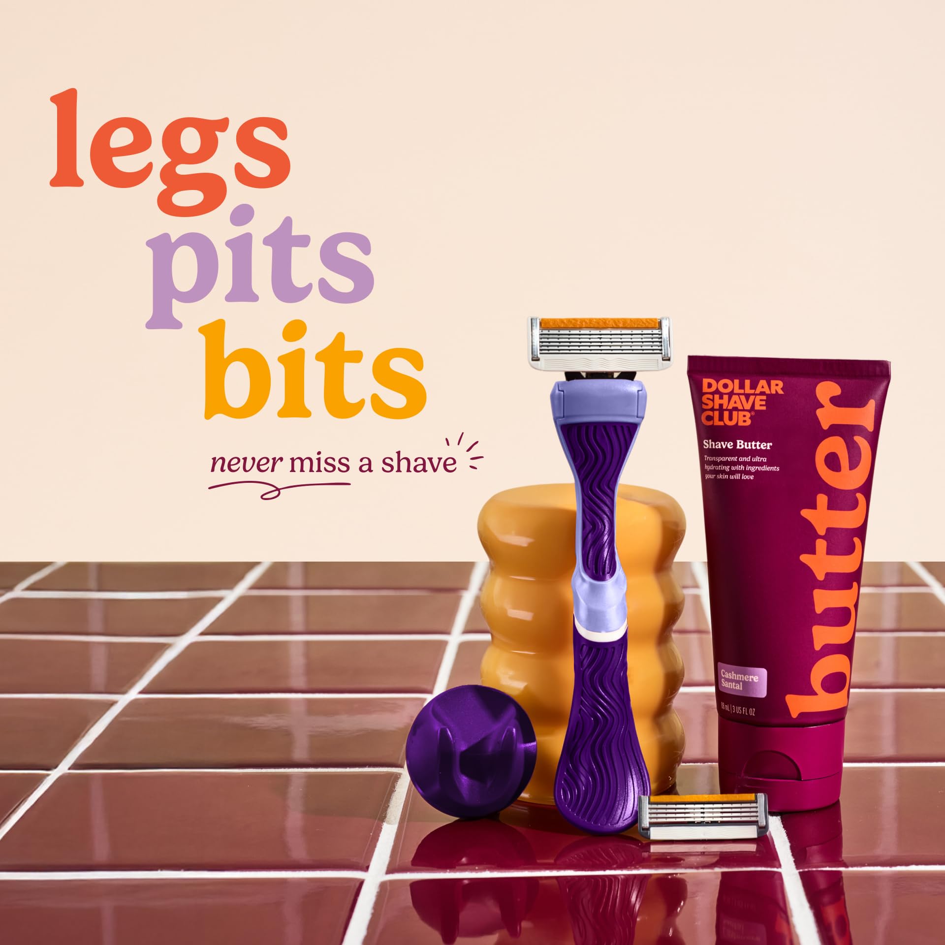 Dollar Shave Club For Women | 1 Purple Wavy Grip Handle, 4 Razor Refills, 1 Cashmere Santal Shave Butter, 1 Shower Hanger | Razors for Women, Womens Razors