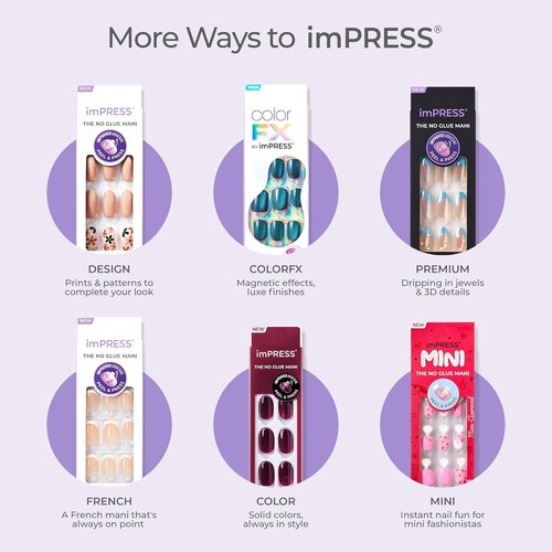 Kiss Impress No Glue Mani Press On Nails - ColorFX 'Hidden Gem' Red Oval Shape, Short Size, 30 Nails Included