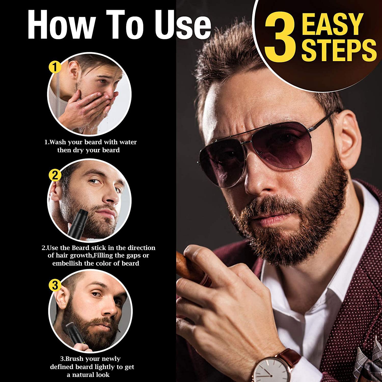 HATIKY Beard Pencil Filler for Men, Cylindrical - Water Proof & Sweat Proof, Long Lasting, Fills Beard Gaps for Natural Look, Easy to Use, with Soft Bristle Brush