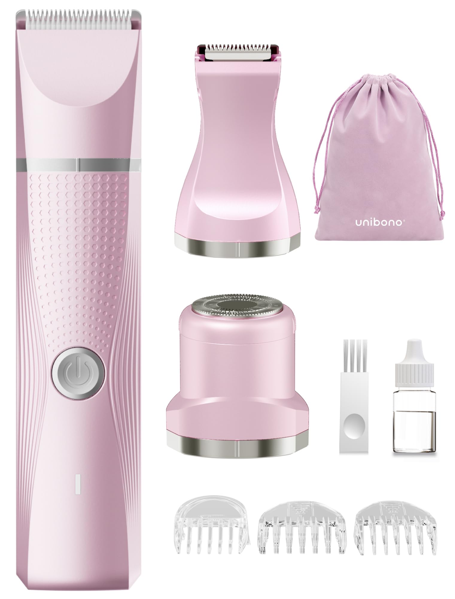 Unibono Pubic Hair Trimmer Women - Waterproof Bikini Trimmer, Rechargeable 3-in-1 Electric Razor, Personal Trimmer Groomer for Body Hair, Cordless Lady Shaver for Legs, Underarms, Face (Cold Pink)