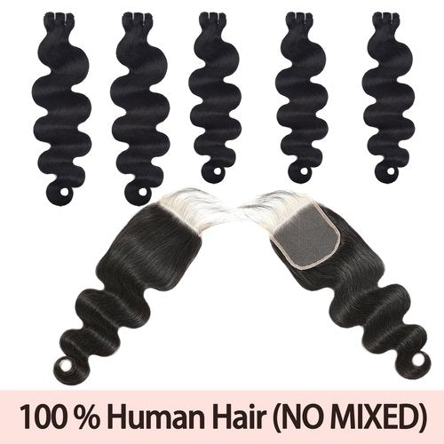 Body Wave Bundles with Closure Human Hair 12 12 12 14 14 with 10 Inch 4x4 HD Lace Closure 12A Raw 100% Virgin Human Hair Extensions Body Wave 5 Bundles and Closure Quick Weave Bundle for Women