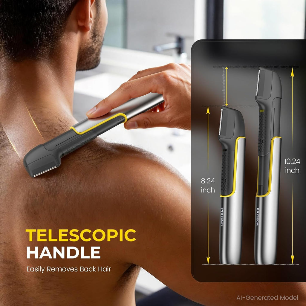 PRITECH Body Hair Trimmer for Men, Rechargeable Hair Trimmer for Pubic Area, Back, Face, Legs and Beard, Wet and Dry Use with Extra Replacement Blade