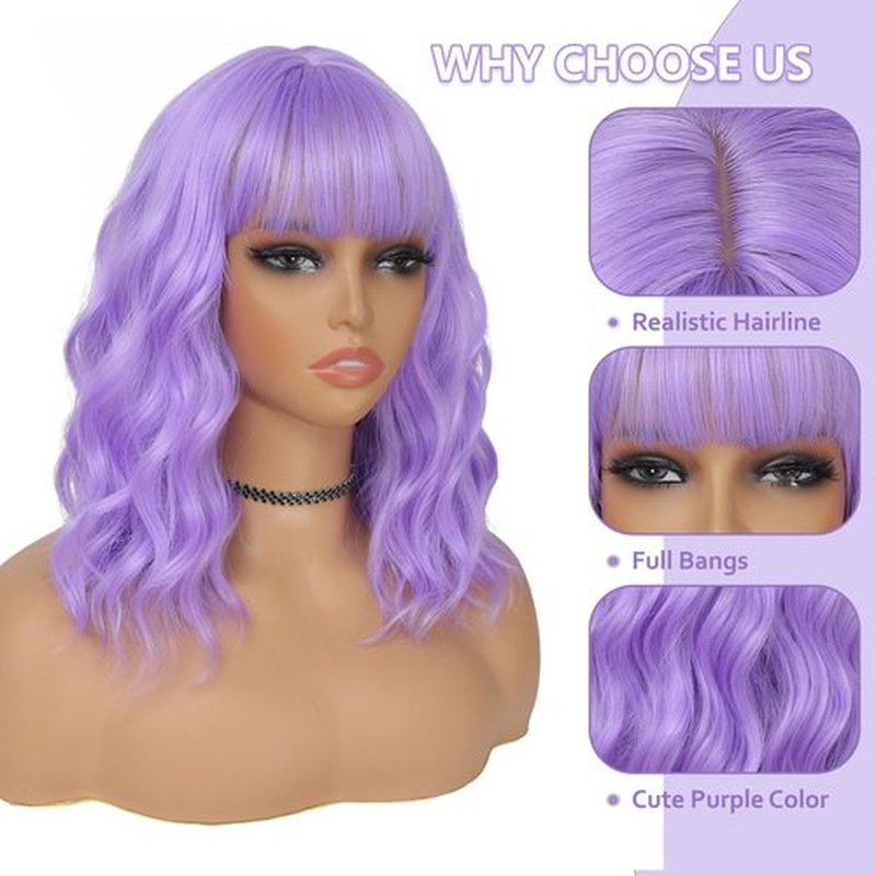 BEAUTIFA Purple Wig with Bangs for Women 14 Inch Lavender Wigs Short Bob Wavy Curly Wig Heat Resistant Synthetic Colorful Wig