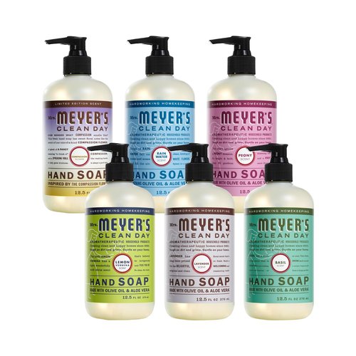 Mrs. MEYER'S CLEAN DAY Liquid Hand Soap 6 Pack Variety, includes 1 Compassion Flower, 1 Rain Water, 1 Peony, 1 Lemon Verbena, 1 Lavender and 1 Basil Hand Soap, 12.5 OZ Each, 1 CT
