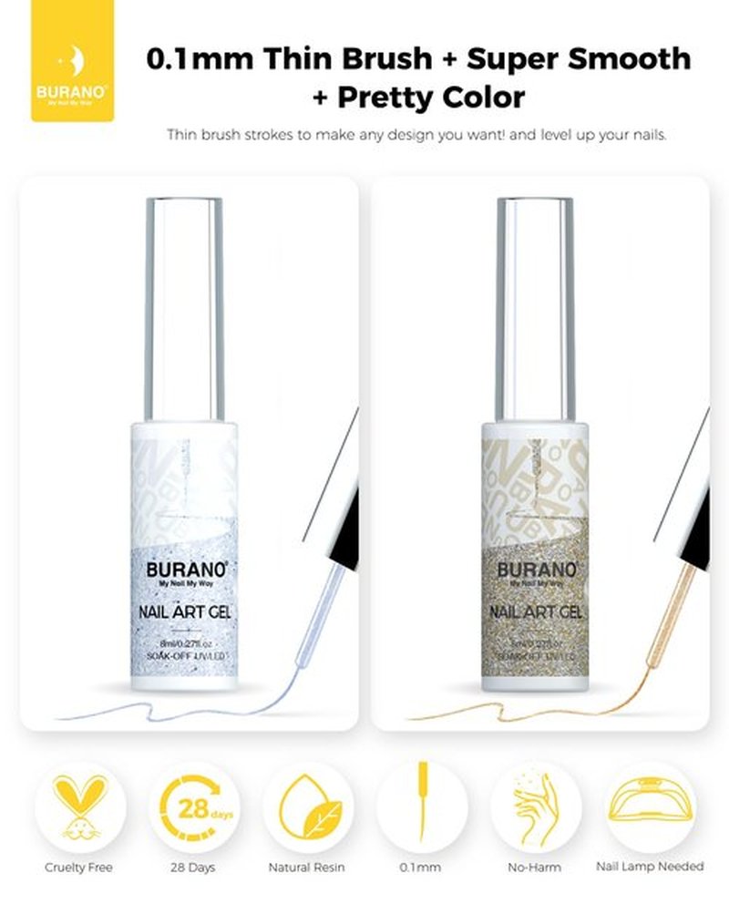 BURANO Holographic Gel Nail Polish Liner Nail Art Polish, Silver Gold Reflective Glitter Painted Gel Nail Design Polish 2 Bottle 8ml, Build in Thin Nail Brush Curing Required LX17 LX13